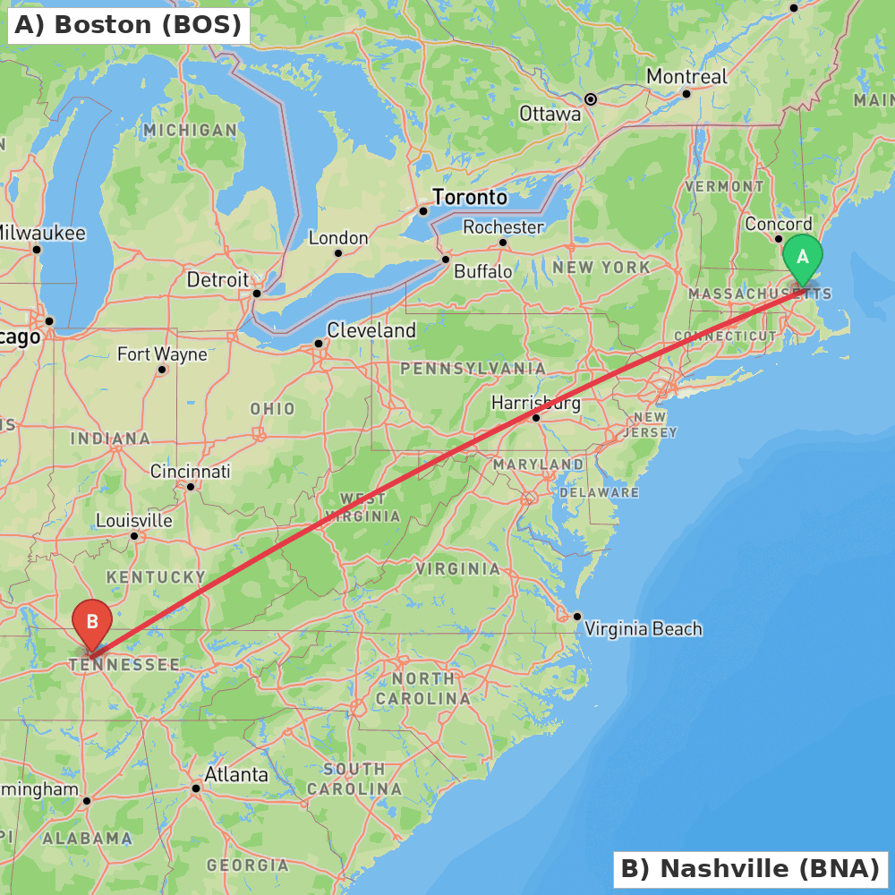 Flight route map from Boston to Nashville