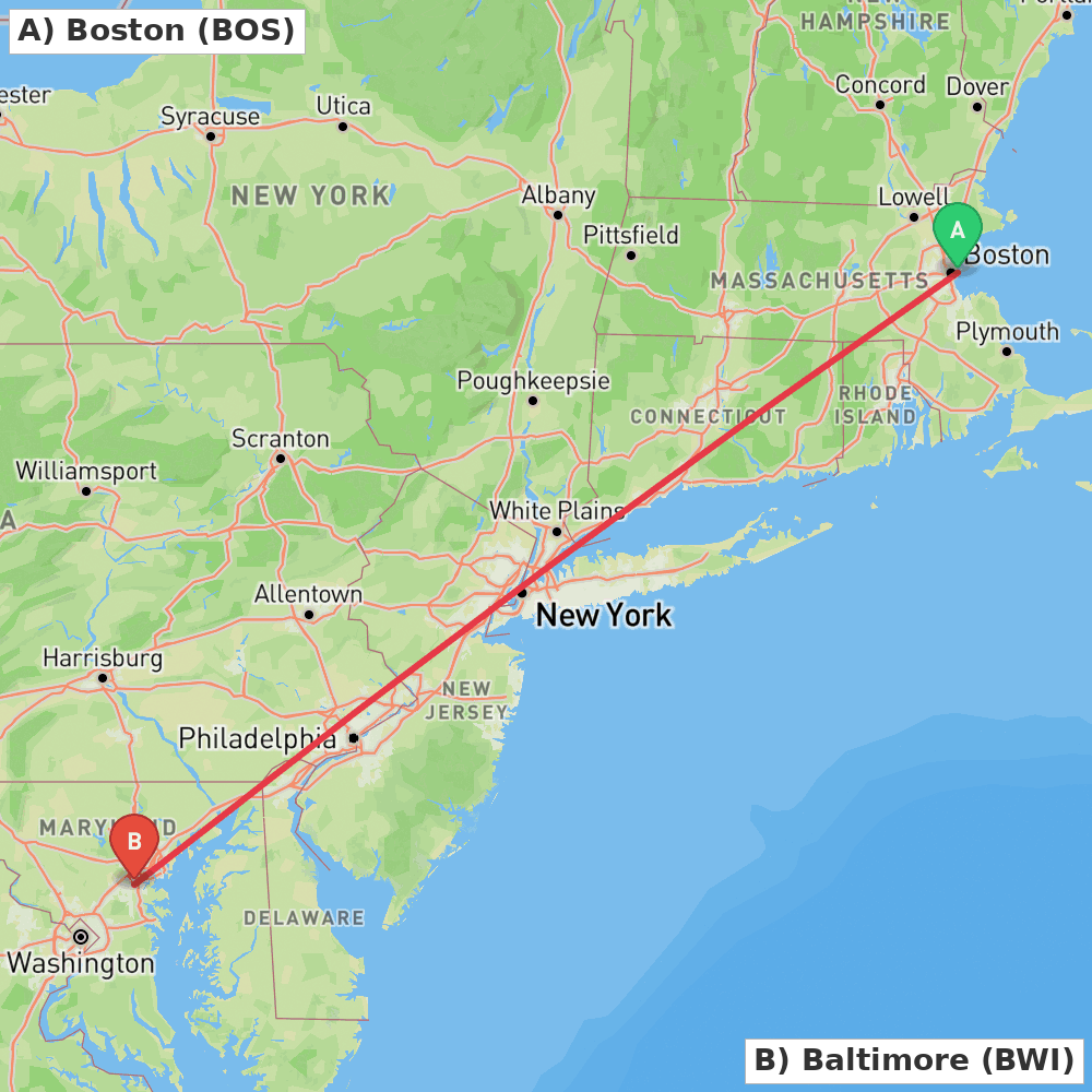 Flight route map from Boston to Baltimore