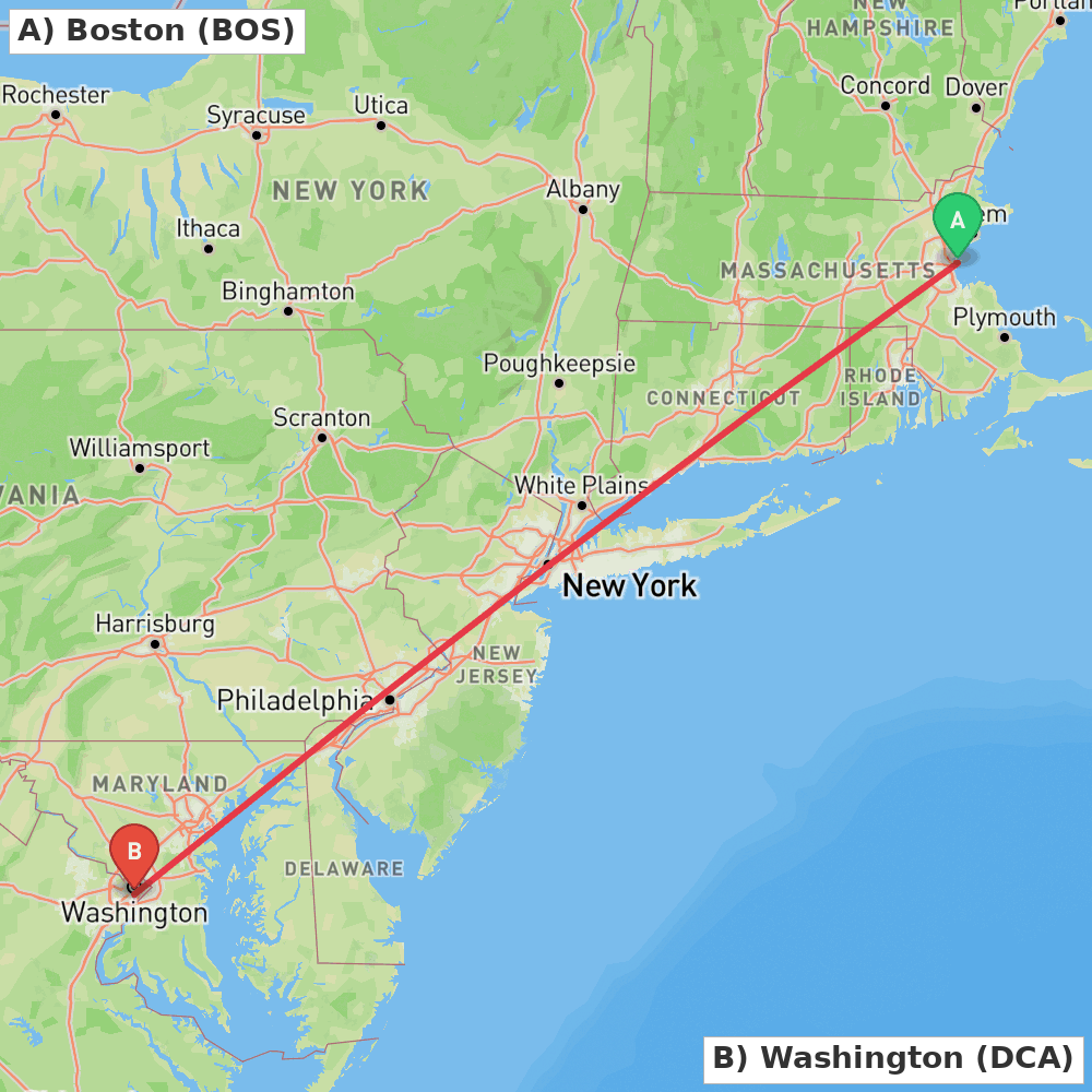 Flight route map from Boston to Washington