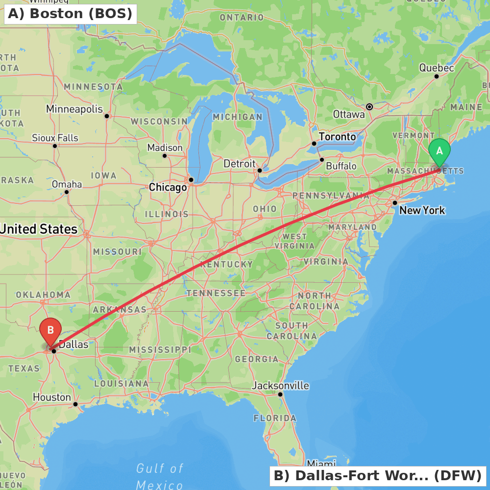 Flight route map from Boston to Dallas-Fort Worth