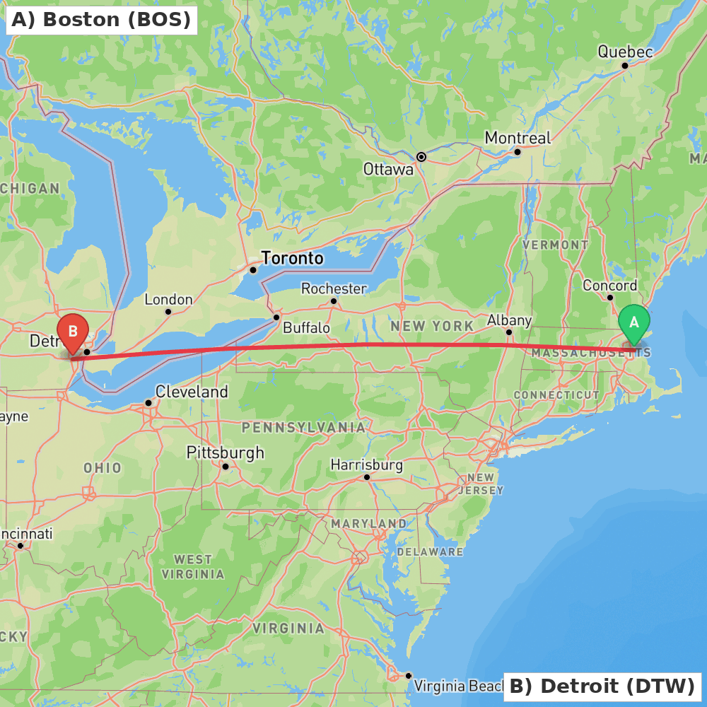 Flight route map from Boston to Detroit