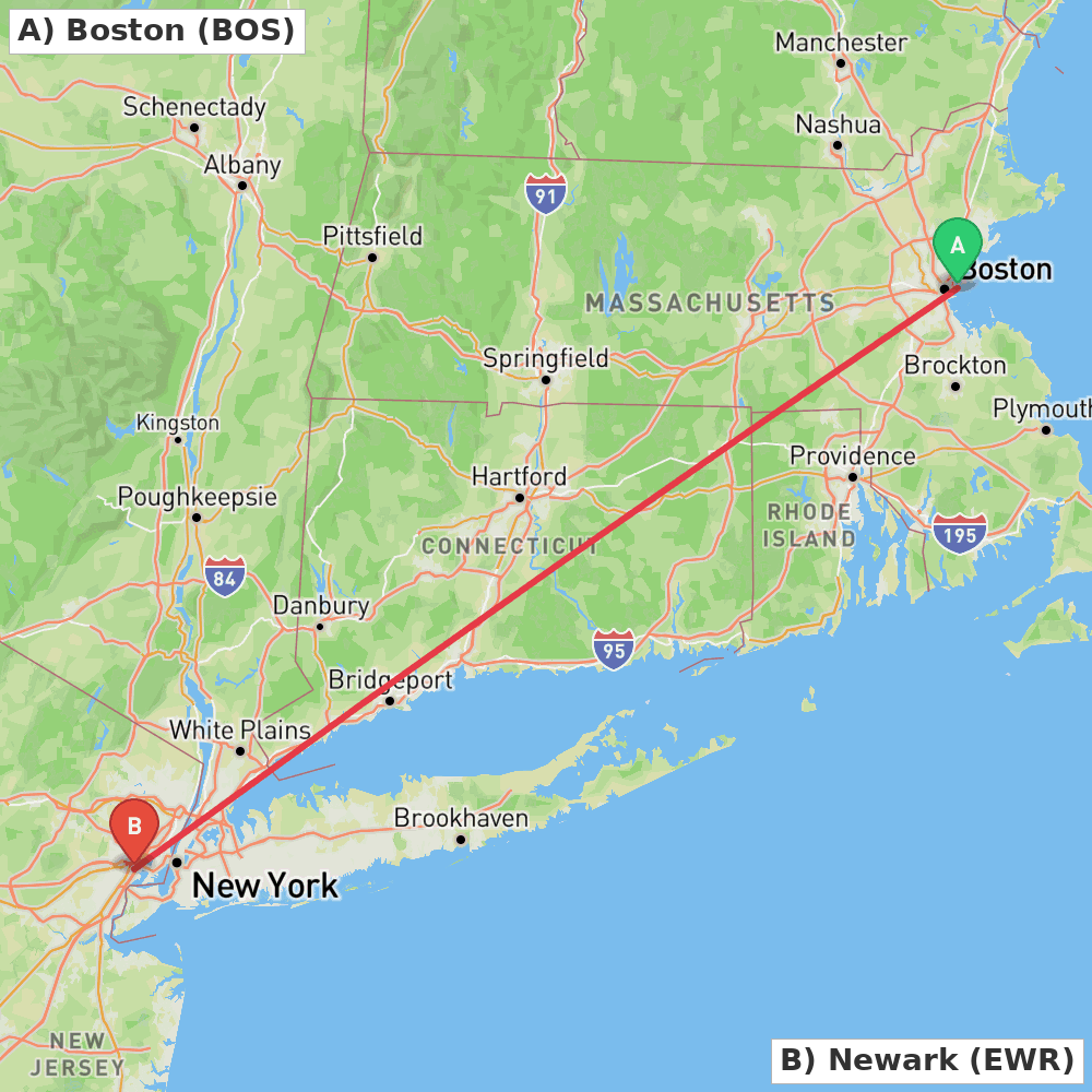 Flight route map from Boston to Newark