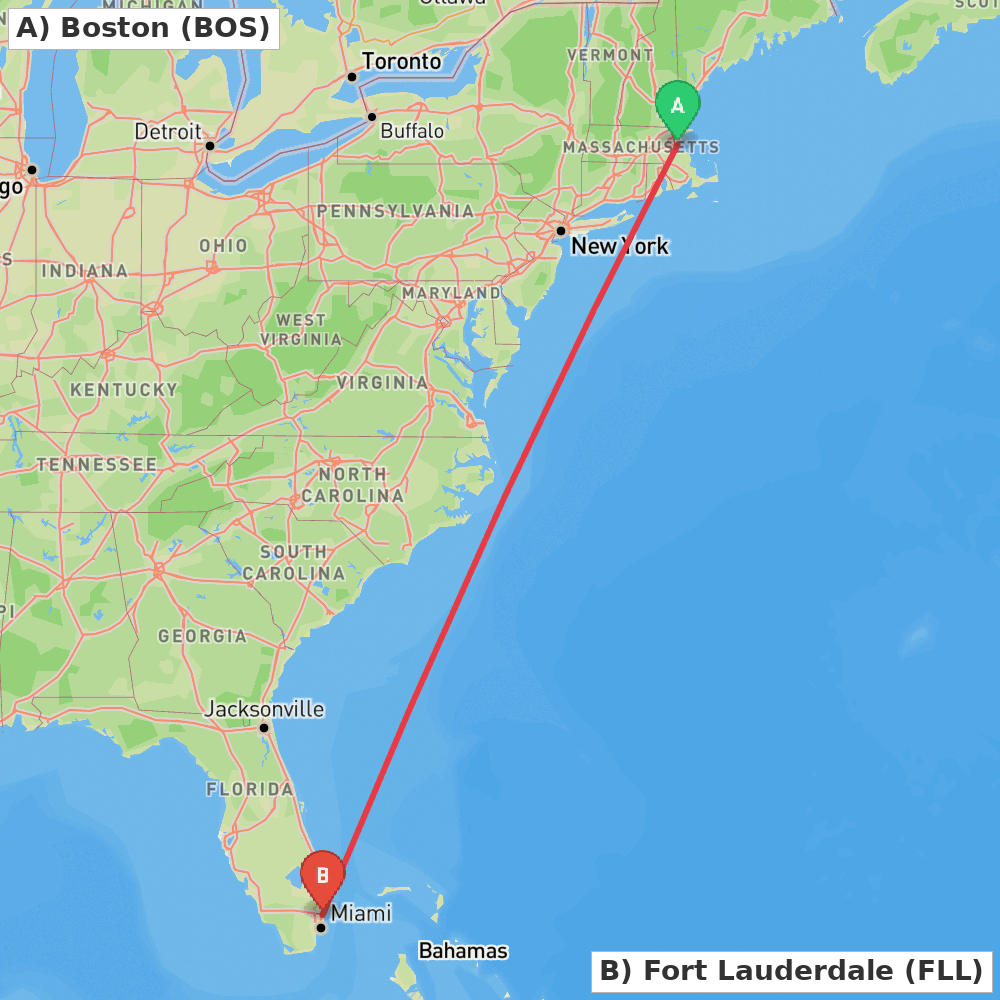 Flight route map from Boston to Fort Lauderdale