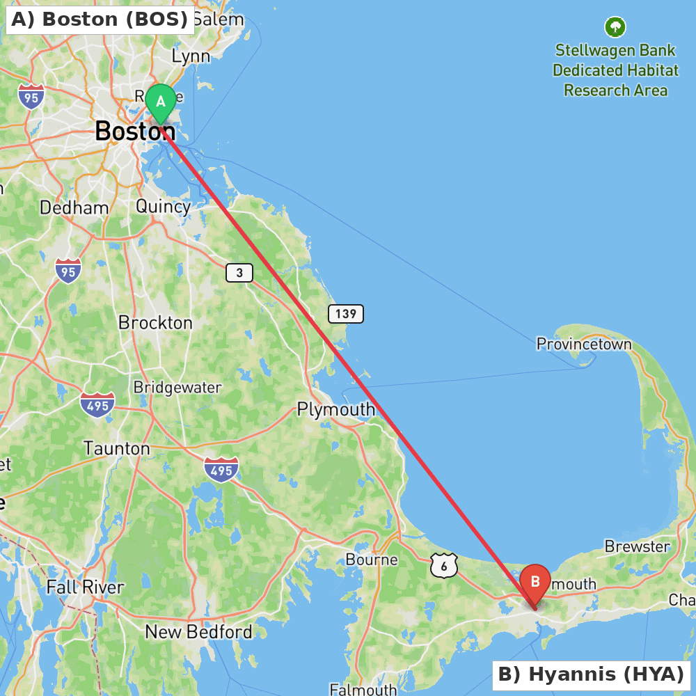 Flight route map from Boston to Hyannis