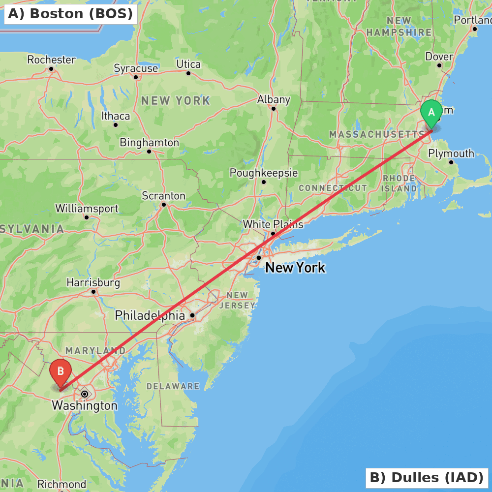 Flight route map from Boston to Dulles