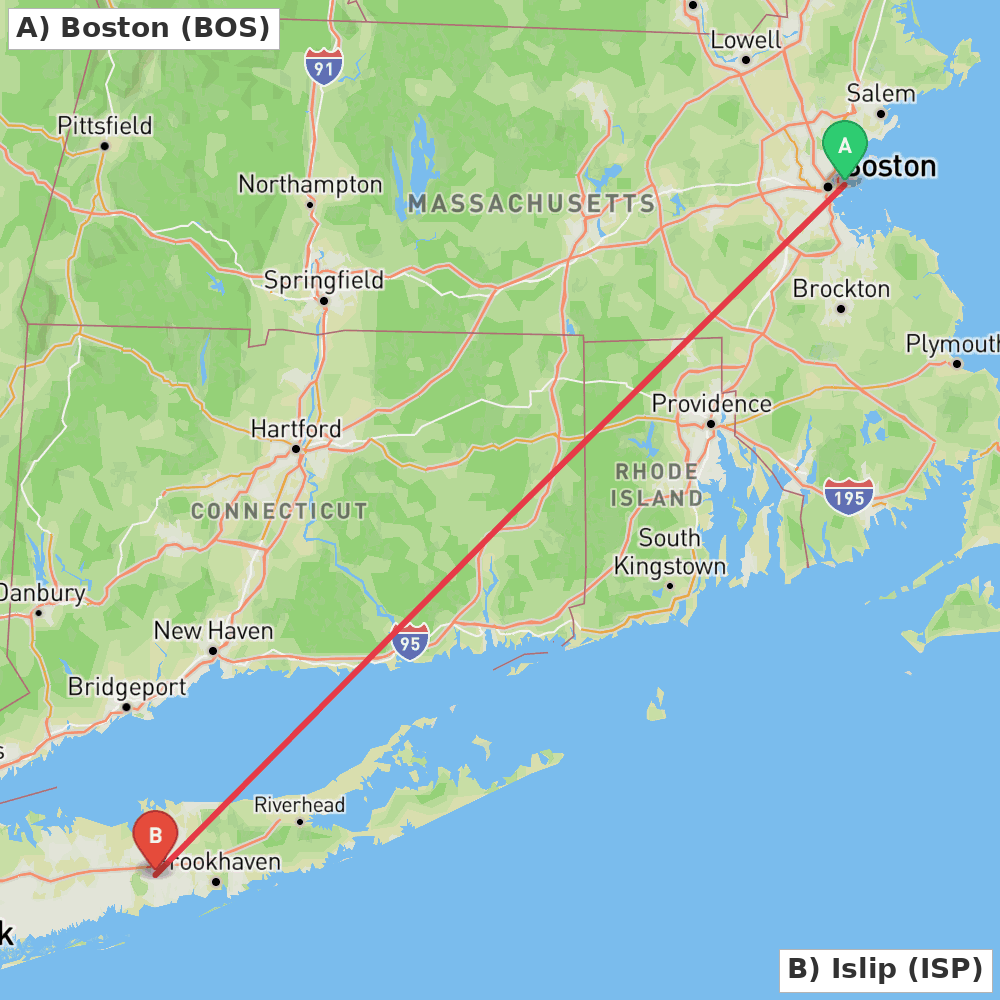 Flight route map from Boston to Islip