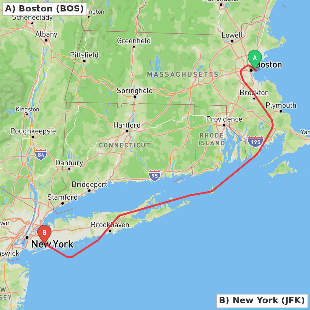 Flight route map from Boston to New York