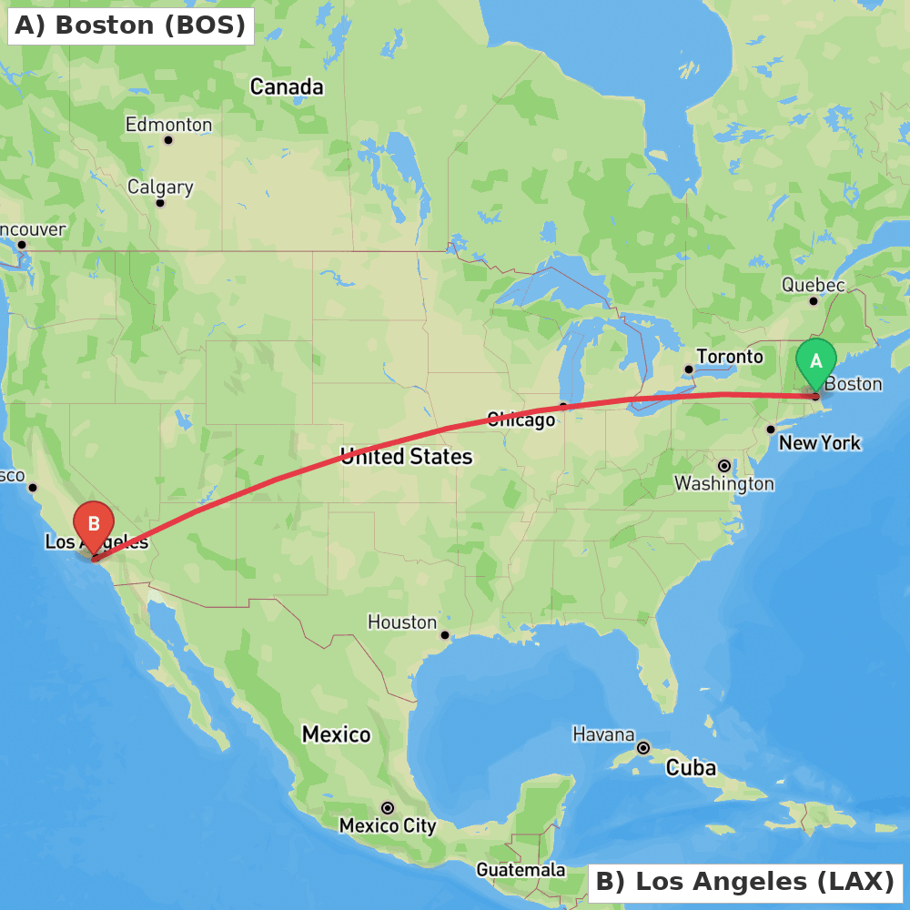 Flight route map from Boston to Los Angeles