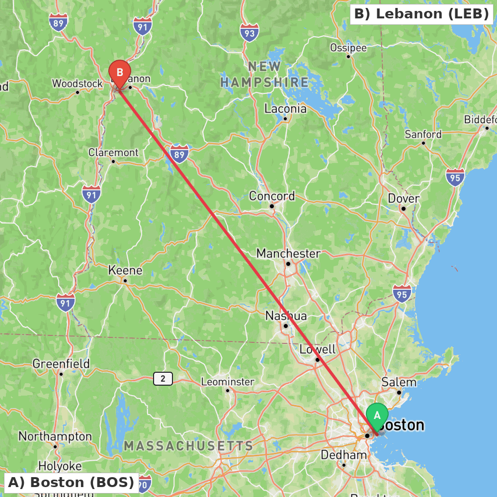 Flight route map from Boston to Lebanon