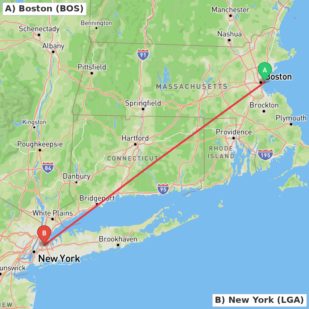 Flight route map from Boston to New York