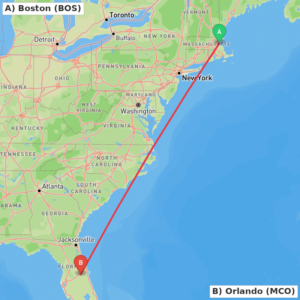 Flight route map from Boston to Orlando