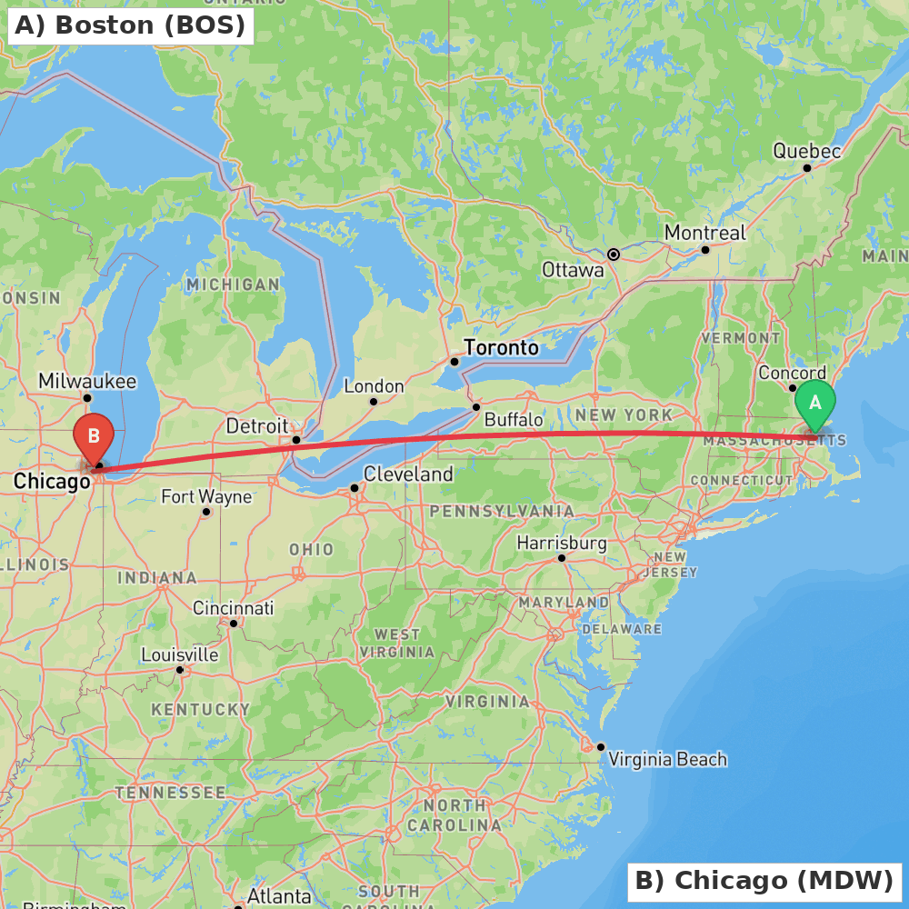 Flight route map from Boston to Chicago