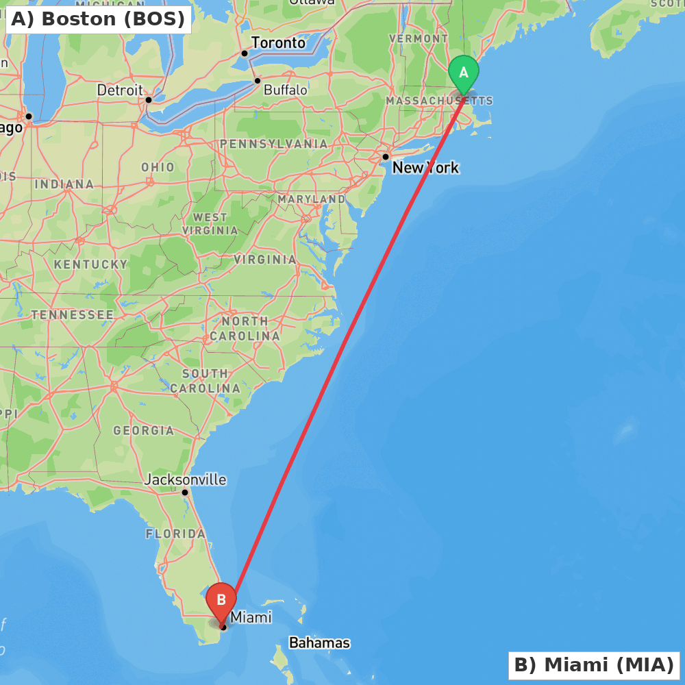 Flight route map from Boston to Miami