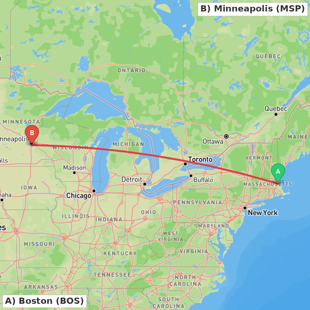 Flight route map from Boston to Minneapolis