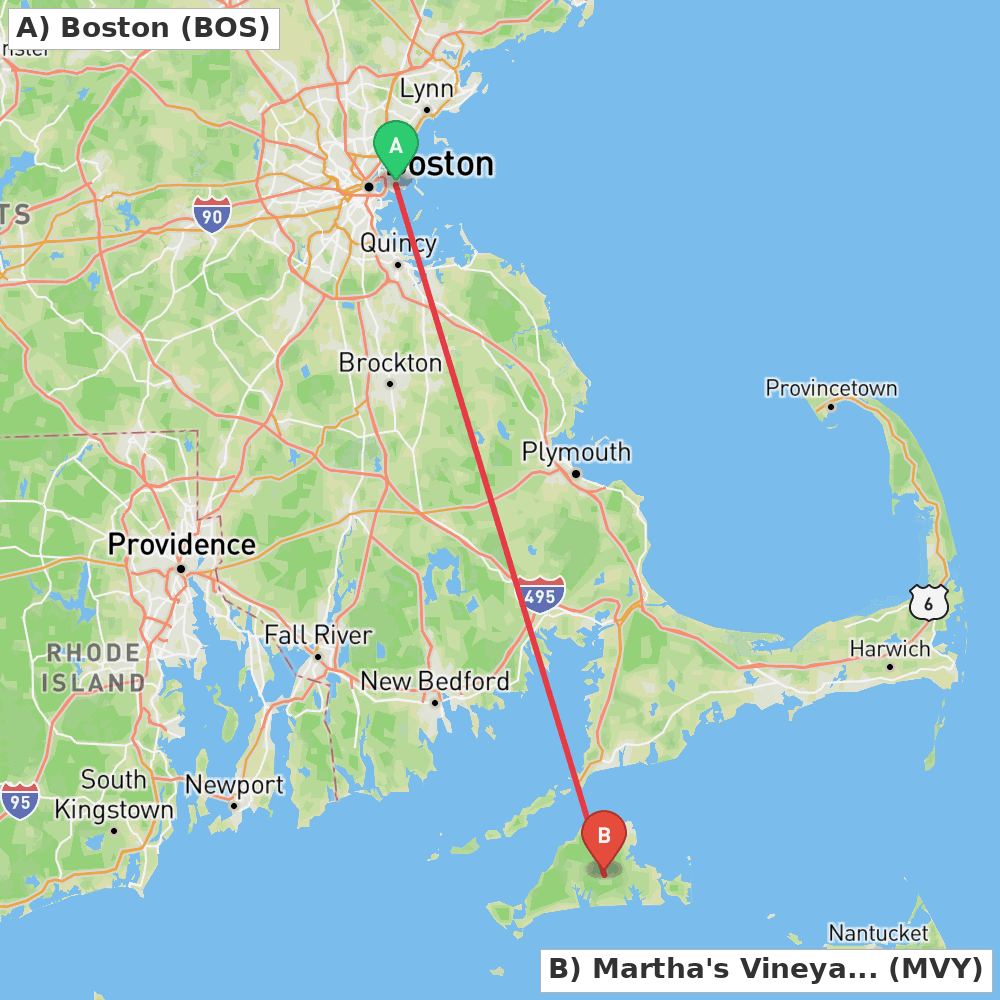 Flight route map from Boston to Martha's Vineyard