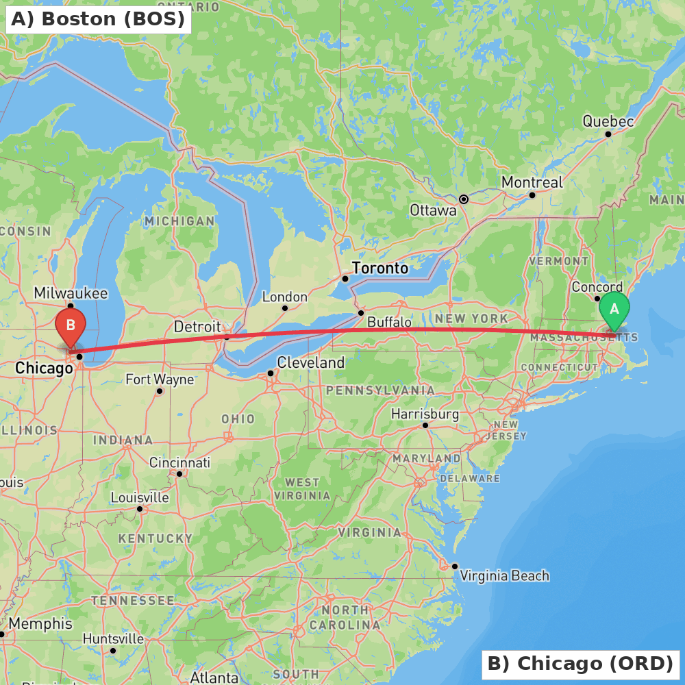 Flight route map from Boston to Chicago