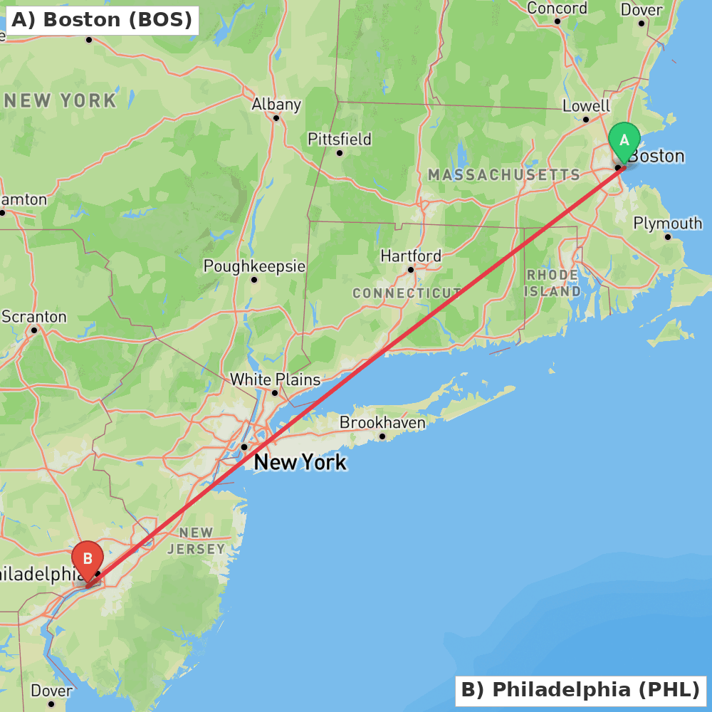 Flight route map from Boston to Philadelphia