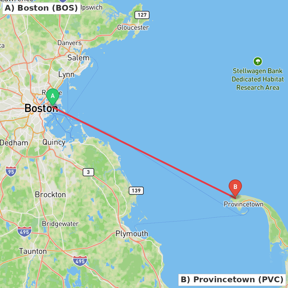 Flight route map from Boston to Provincetown