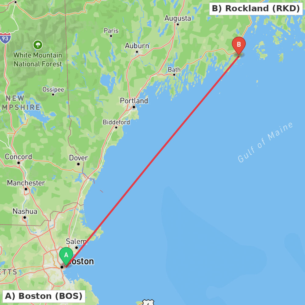 Flight route map from Boston to Rockland