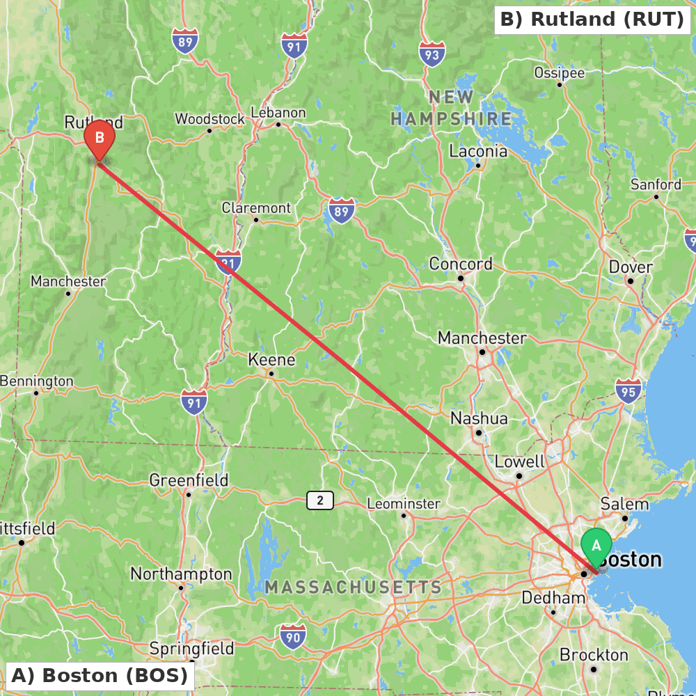 Flight route map from Boston to Rutland