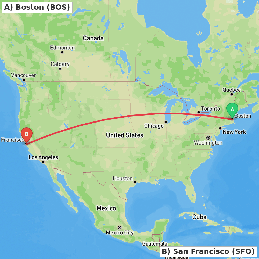 Flight route map from Boston to San Francisco