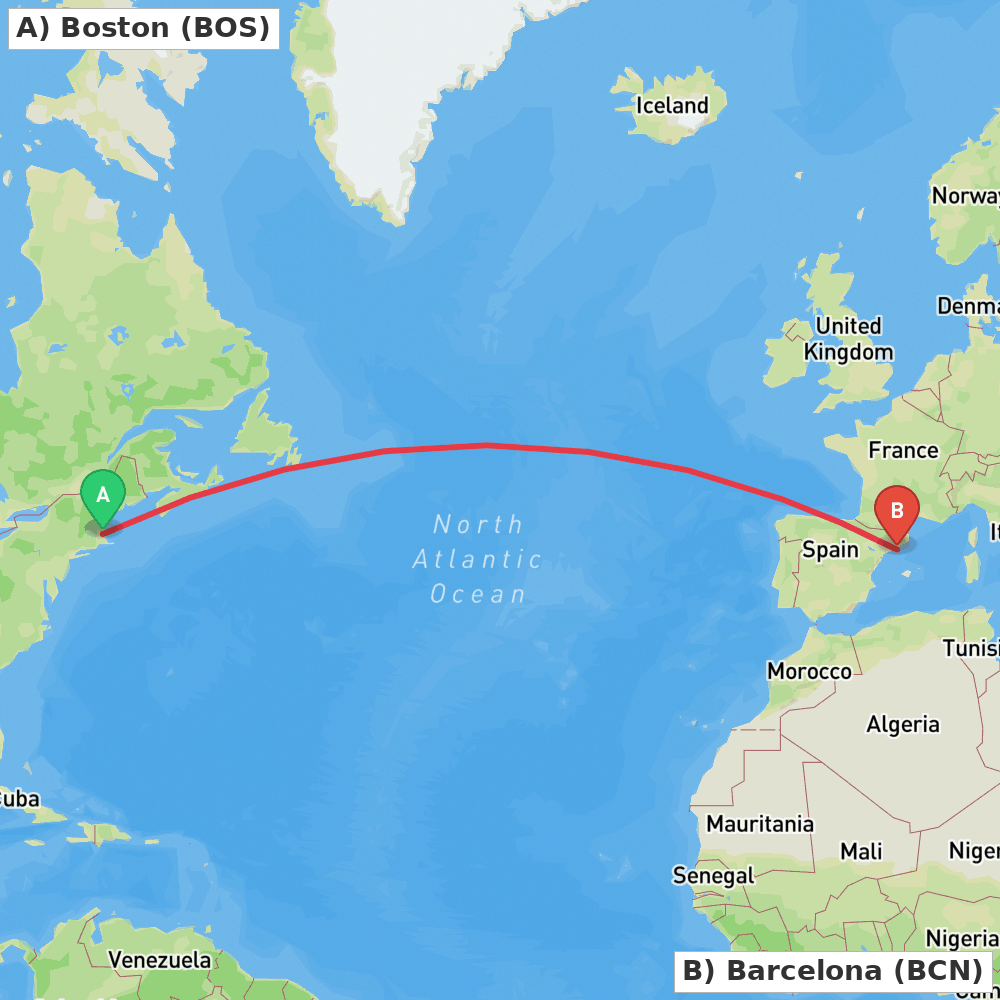 Flight route map from Boston to Barcelona