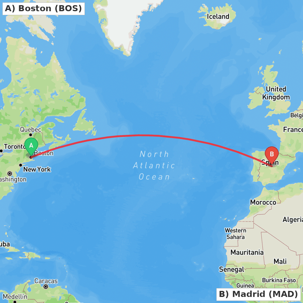 Flight route map from Boston to Madrid