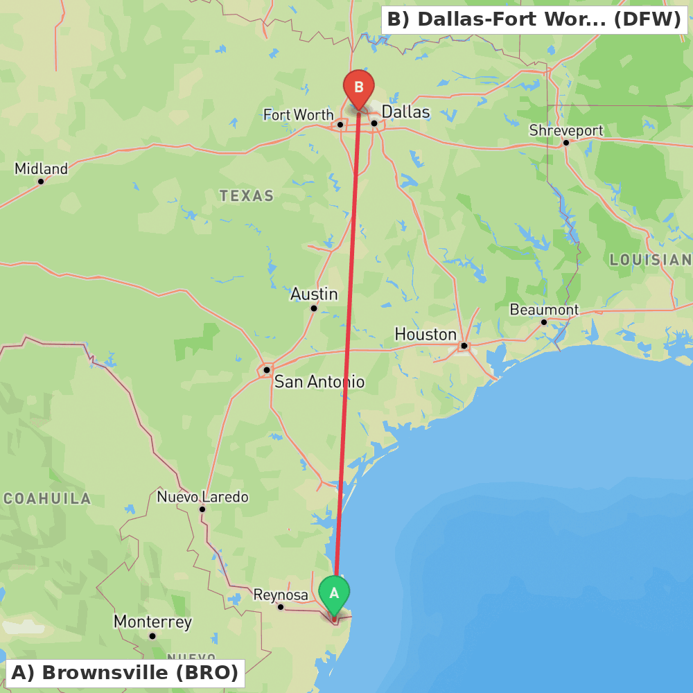 Flight route map from Brownsville to Dallas-Fort Worth