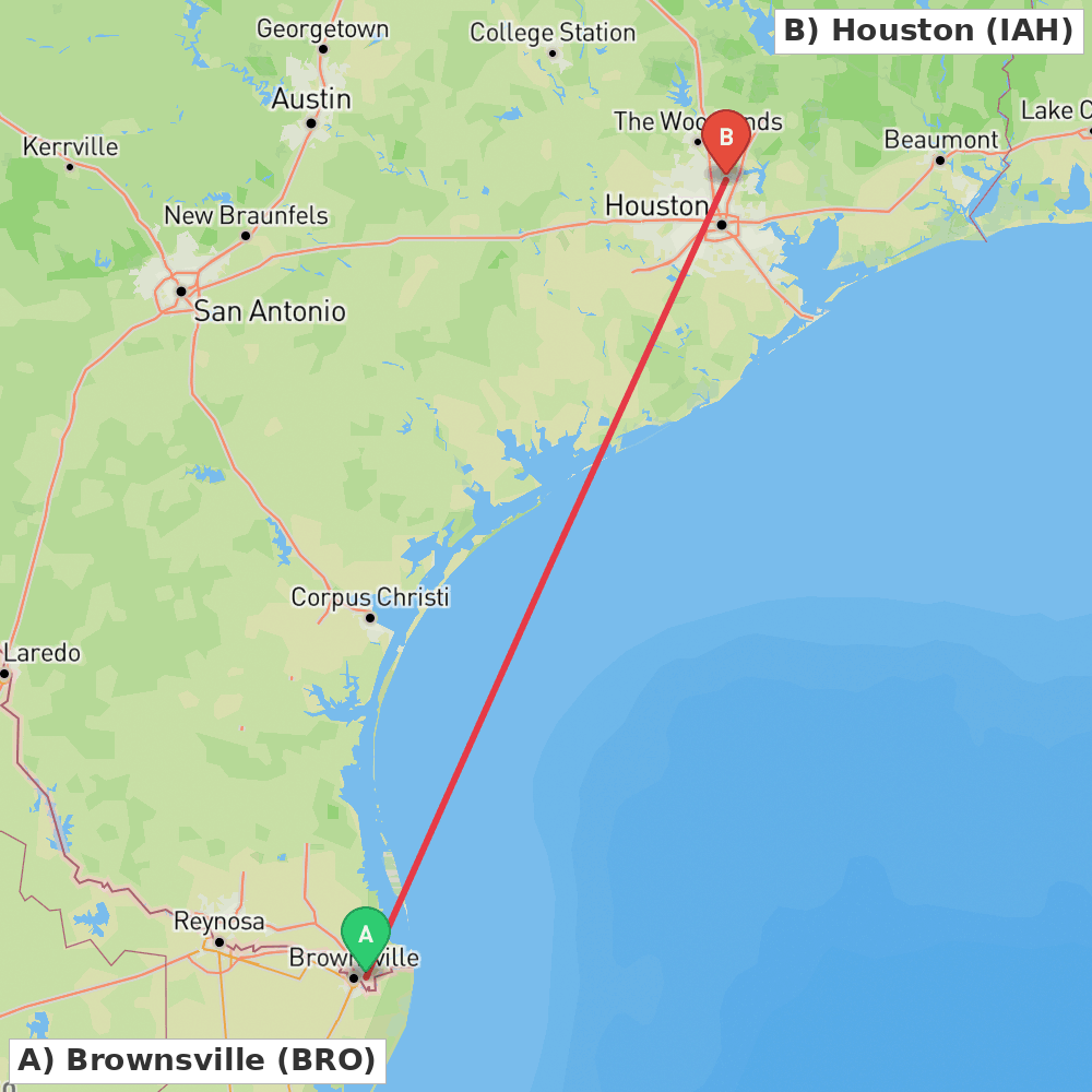 Flight route map from Brownsville to Houston