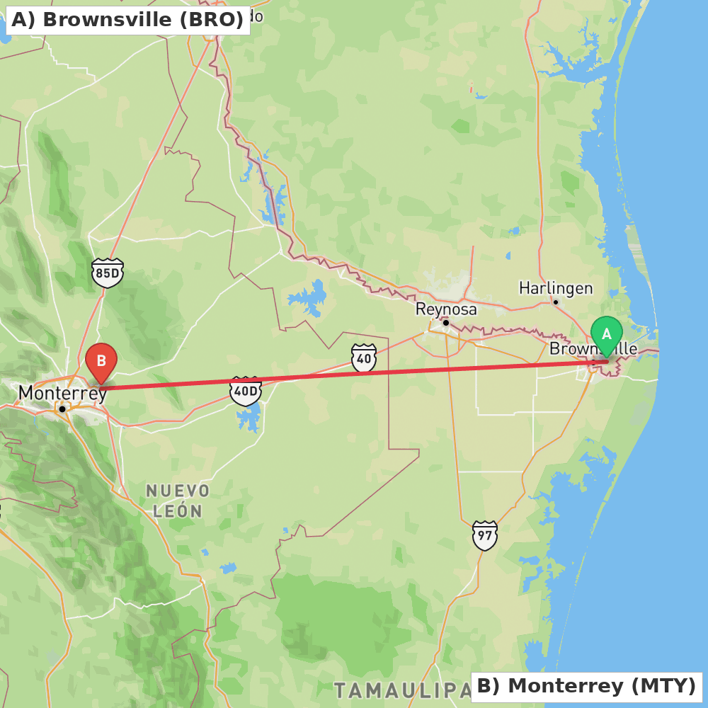 Flight route map from Brownsville to Monterrey