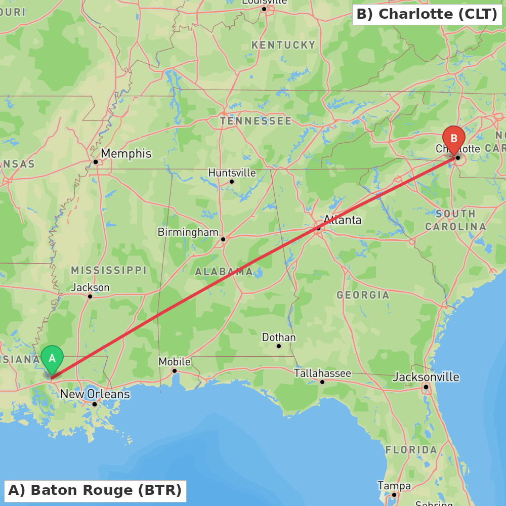 Flight route map from Baton Rouge to Charlotte