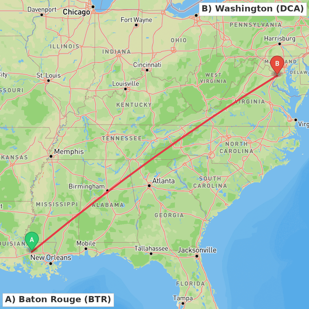 Flight route map from Baton Rouge to Washington