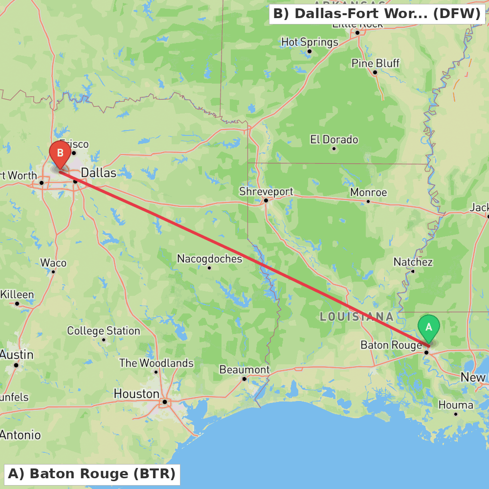 Flight route map from Baton Rouge to Dallas-Fort Worth
