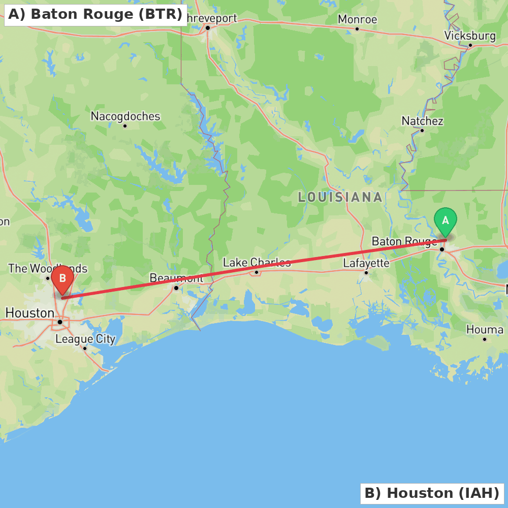 Flight route map from Baton Rouge to Houston