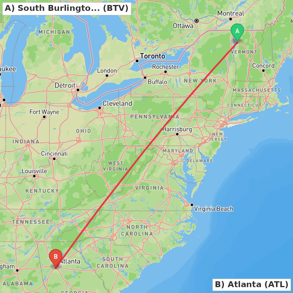 Flight route map from South Burlington to Atlanta
