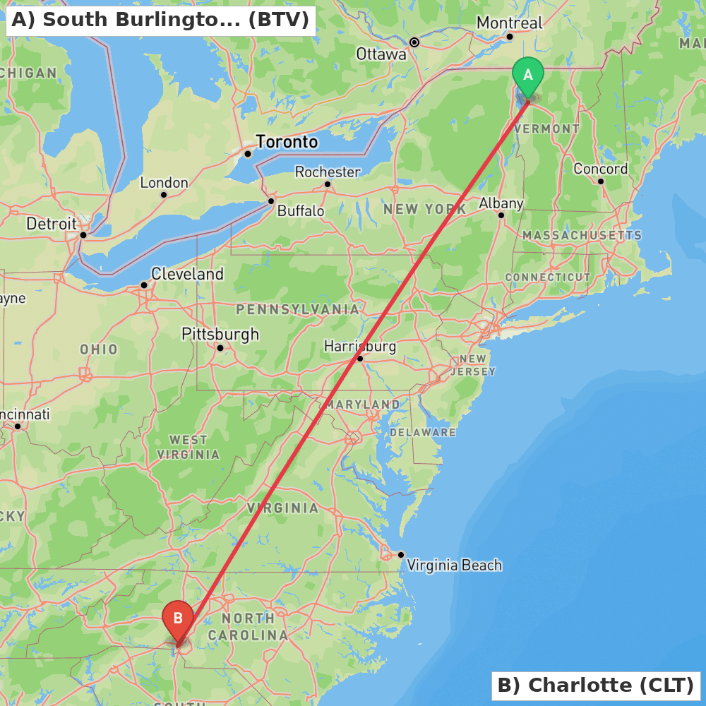 Flight route map from South Burlington to Charlotte