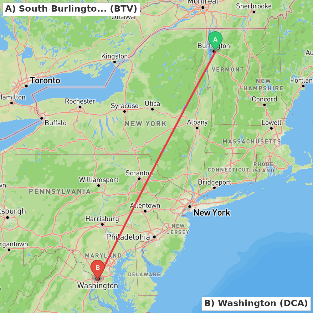 Flight route map from South Burlington to Washington