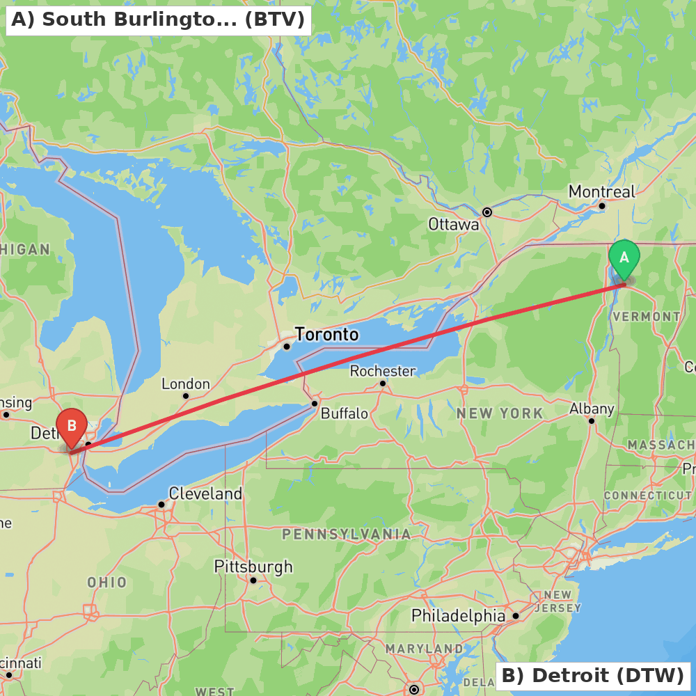 Flight route map from South Burlington to Detroit