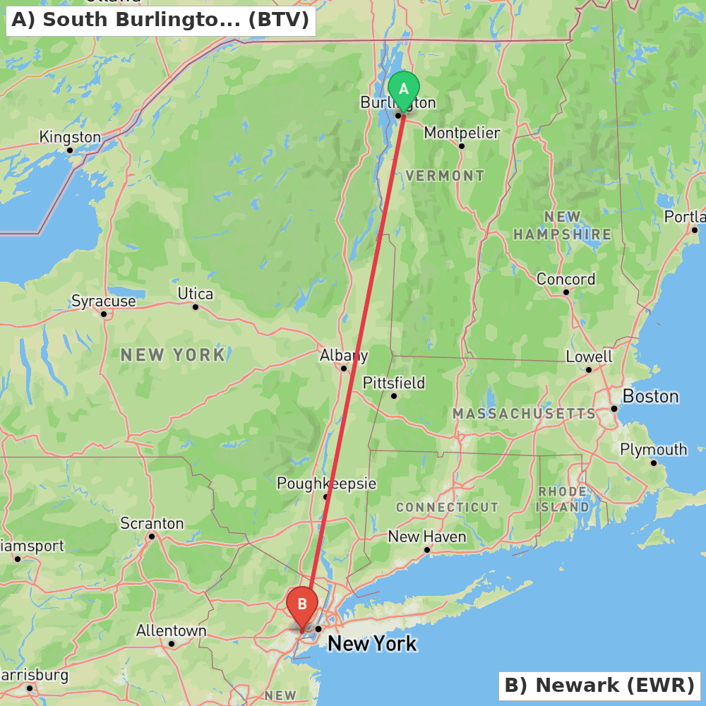 Flight route map from South Burlington to Newark