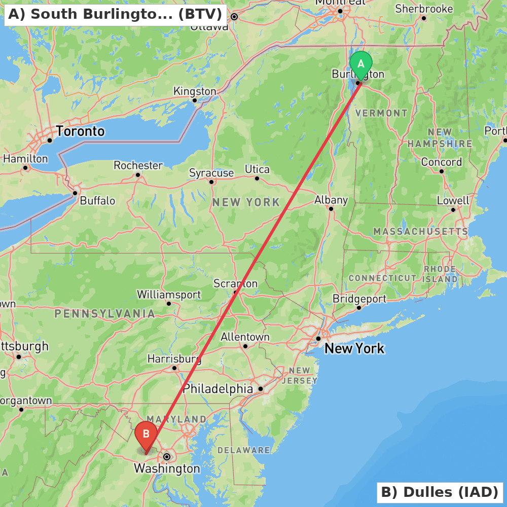 Flight route map from South Burlington to Dulles