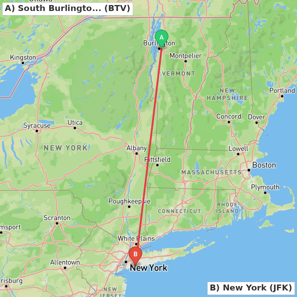 Flight route map from South Burlington to New York