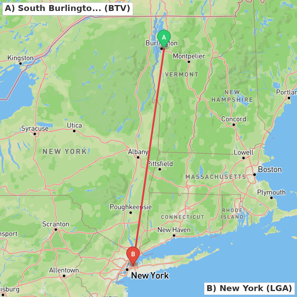 Flight route map from South Burlington to New York