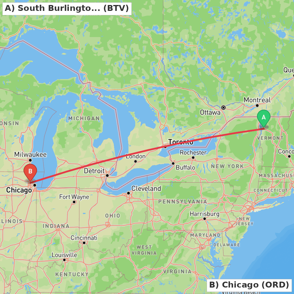 Flight route map from South Burlington to Chicago