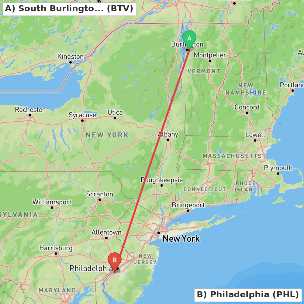 Flight route map from South Burlington to Philadelphia