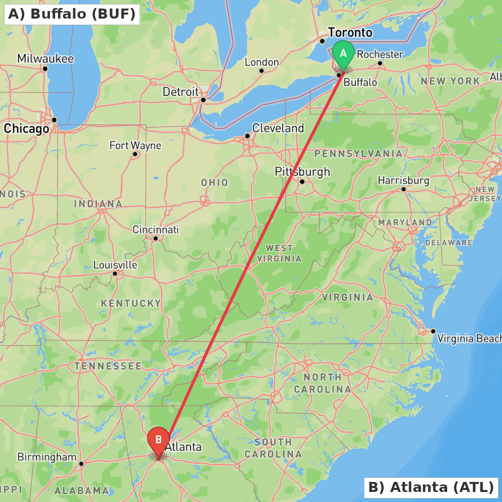 Flight route map from Buffalo to Atlanta