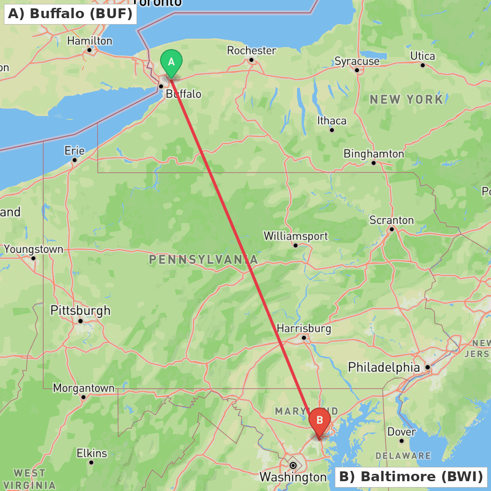 Flight route map from Buffalo to Baltimore