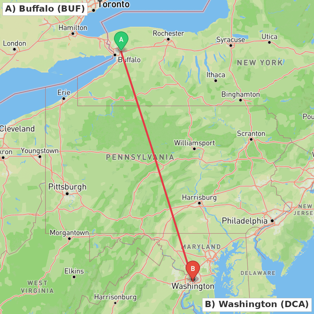 Flight route map from Buffalo to Washington