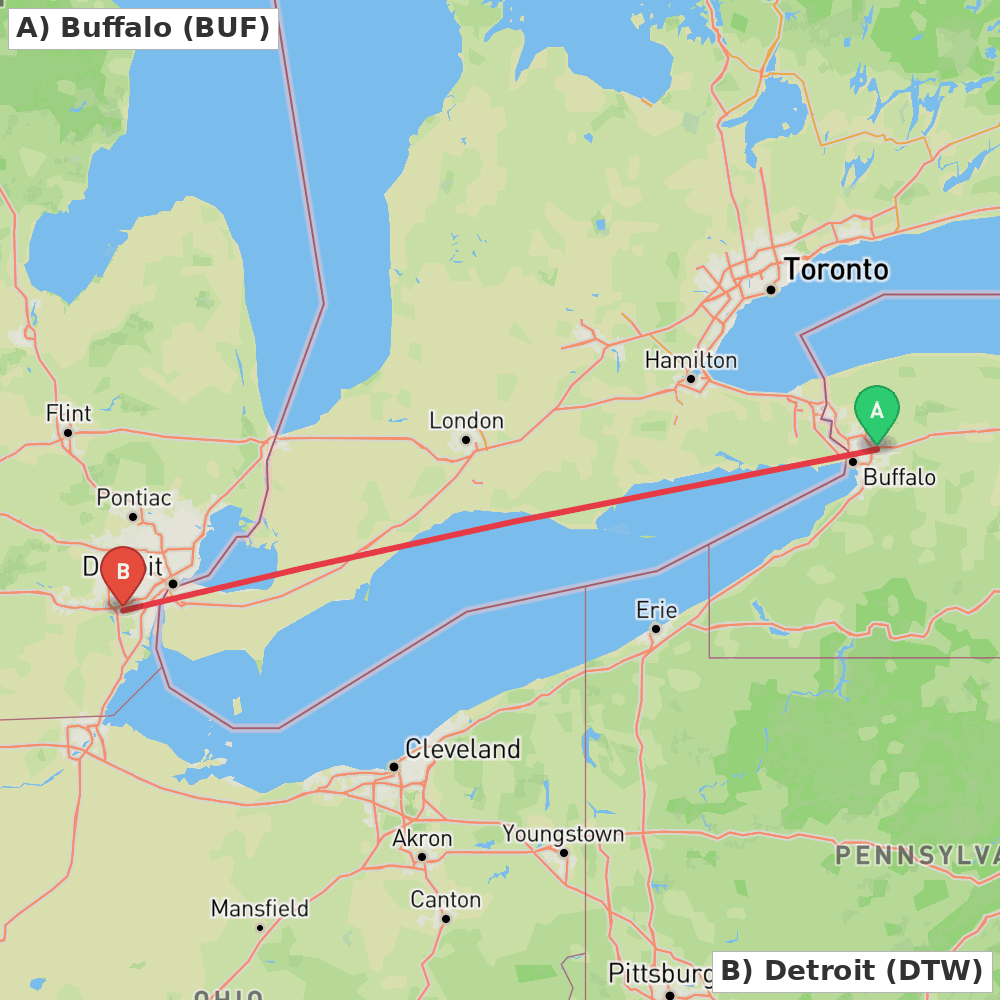 Flight route map from Buffalo to Detroit