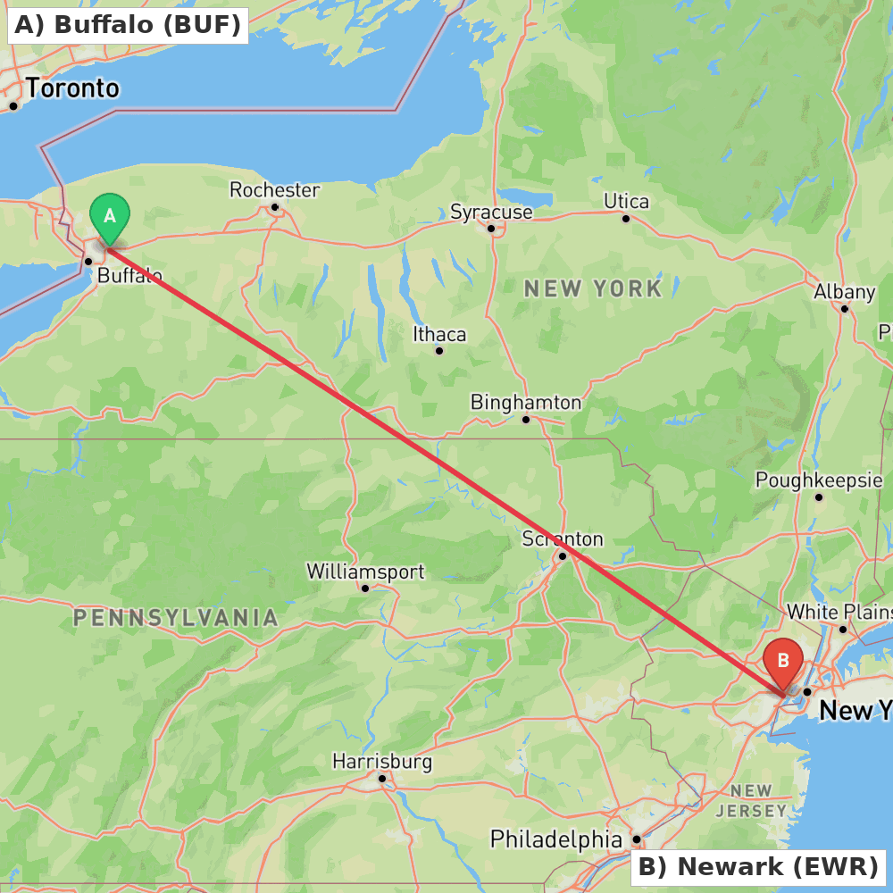 Flight route map from Buffalo to Newark
