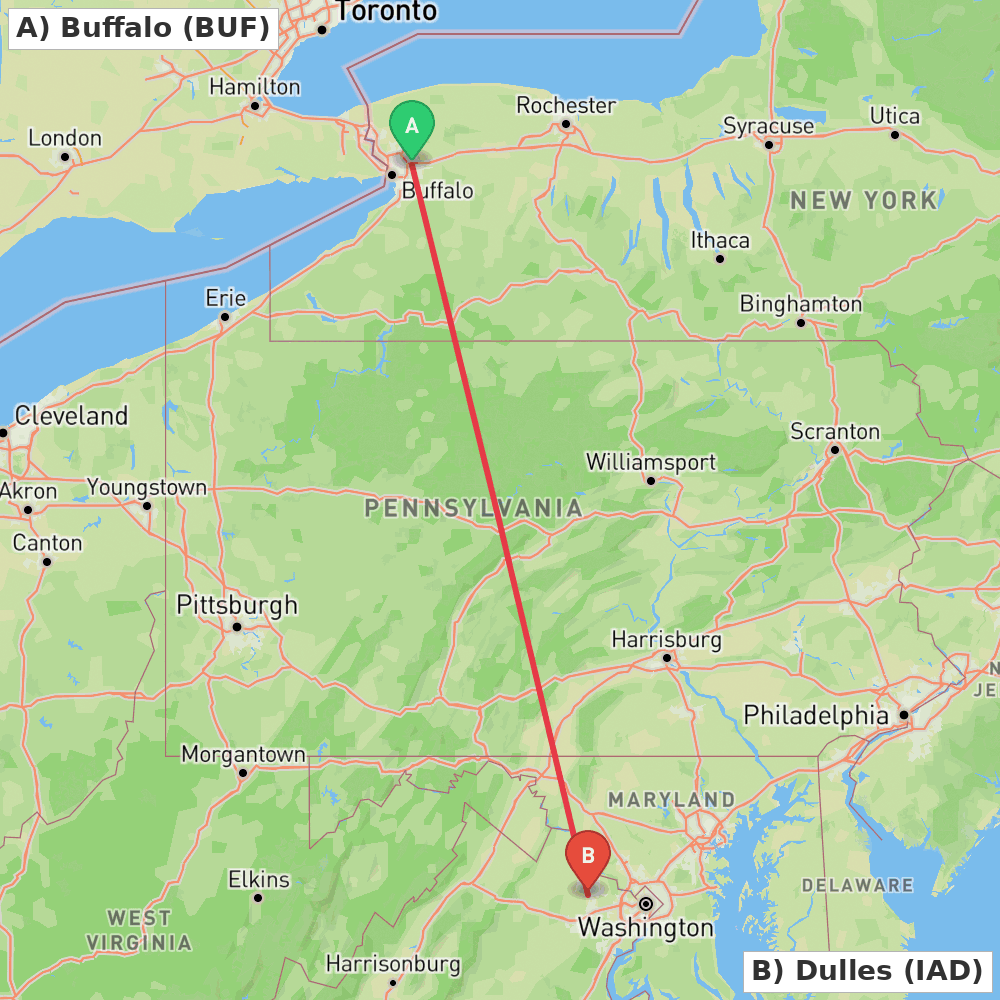 Flight route map from Buffalo to Dulles